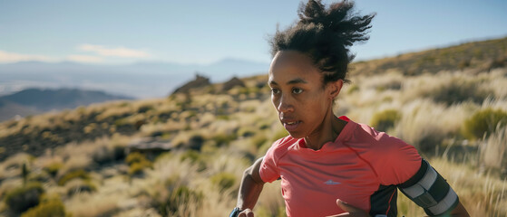 Wall Mural - Close-up macro portrait of long distance ultra marathon trail running athlete, running on an outdoor trail. Woman isolated against trail background. Bright clear day, juxtaposition of light and shadow