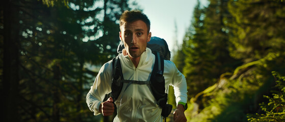 Wall Mural - Close-up macro portrait of long distance ultra marathon trail running athlete, running on an outdoor trail. Man isolated against trail background. Bright clear day, juxtaposition of light and shadow