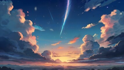 Wall Mural - Anime fantasy wallpaper background concept : Dramatic sunset paints the sky with vibrant orange  red and shooting star, generative ai