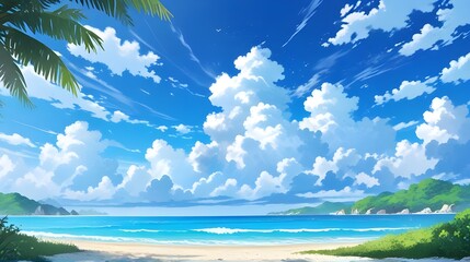 Wall Mural - Anime fantasy wallpaper background concept : Scenic tropical beach with swaying palm trees under a bright blue sky, generative ai