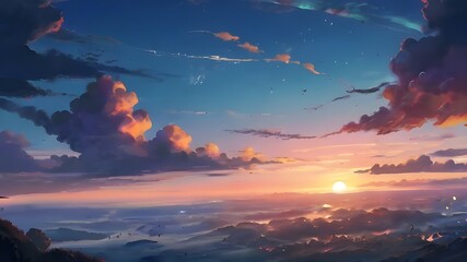 Wall Mural - Anime fantasy wallpaper background concept : Dramatic beauty unfolds as the fiery red sun dips below the mountains, casting a warm orange glow on the evening cloudscape, generative ai