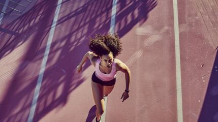 Wall Mural - Aerial drone portrait of young woman running athlete training on an athletics track. Woman isolated against track background. Bright clear day, juxtaposition of light and shadow