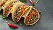 Delicious beef tacos with fresh tomatoes, cilantro, and spicy peppers, a flavorful Mexican cuisine delight