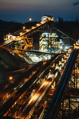 Wall Mural - Mineral Processing Plant at Night, With Conveyor Belts And Processing Equipment Illuminated by Industrial Lighting, Generative AI