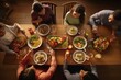 Several individuals seated at a table, eating and conversing during a wholesome family meal. Generative AI