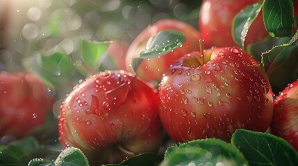 Wall Mural - Apple with water drops on natural background