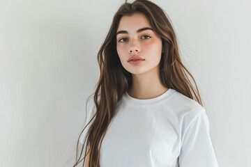 Wall Mural - Beautiful girl in a white T-shirt on a white background.
