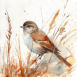 Watercolor artwork with a small bird sitting in a field grass. Ai generated image