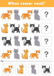 What comes next? Educational logic game for kids with cute cat illustration. Worksheet for children.	