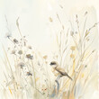 Watercolor artwork with a small bird sitting in a field grass. Ai generated image