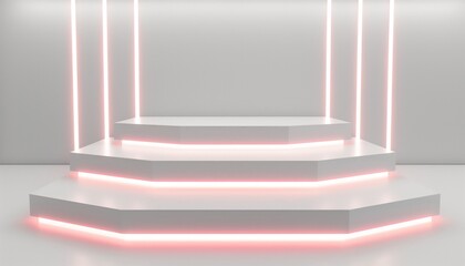 Wall Mural - 3D render white podium with white neon lights