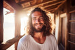 Sunny beach hut portrait of a smiling man with curly hair, embodying freedom, travel, and happiness.