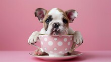 Bulldog Puppy Facing The Camera Hanging Over The Edge Of A Pink And White Dotted Cup And Saucer On A Pink Background