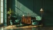 Classic dark green living room interior with wooden floor, two comfortable armchairs and cabinet with lamp and vases standing on it