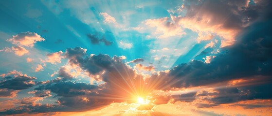 Poster - It's a sunset with sun rays, a cloudy sky with sun rays.