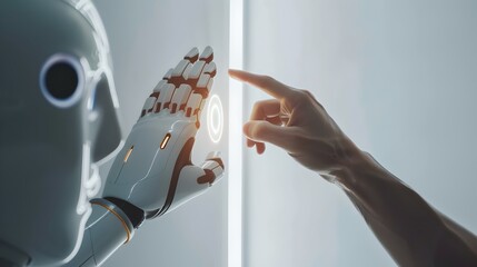 Aufkleber - Interaction Between Human and Robot Hand. Conceptualizing AI Technology. Future of Robotics and Human Engagement. Touch of Innovation. Futuristic Interaction. AI