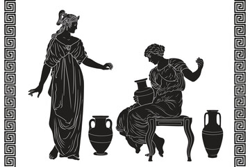 Wall Mural - An ancient Greek woman sits on a chair and holds a jug of wine in her hands and talking with her friend. Two figures and a Greek meander ornament isolated on white background