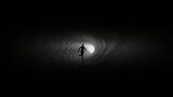 Fototapeta Na ścianę - A girl silhouette is running to the light in a cave (3D Rendering)
