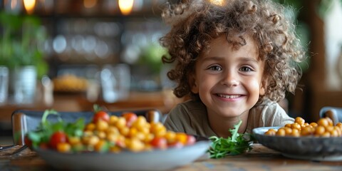 Sticker - A smiling adorable boy enjoys a nutritious lunch of corn and salad indoors.