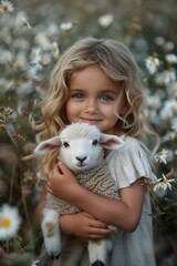 Wall Mural - A curly, smiling girl holds a cute lamb, symbolizing love and friendship in nature.