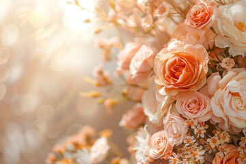 Poster - Wedding bouquet of roses. Background with space for text. Created with Generative AI technology.