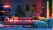 Modern interior design of living room, night scene with contrasting colors, millennial pink couch with complementary green blue sofa