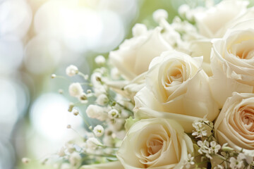Poster - Wedding bouquet of roses. Background with space for text. Created with Generative AI technology.