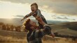 Genuine laughter as a father playfully lifts his giggling son into the air against a backdrop of rolling hills.
