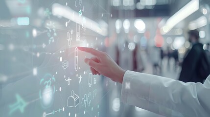 Aufkleber - Futuristic Interface Interaction in a Busy Tech Environment. Close-up of a Hand Touching Digital Screen. Modern Technology in Daily Use. AI