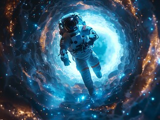  Wormhole Explorer, Spacesuit, Paradox Theory, Navigating Through a Space-Time Wormhole, Starry Night, Photography, Rembrandt Lighting, Vignette