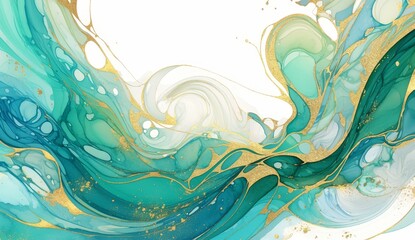 abstract fluid art, emerald green and gold, glittering liquid, swirls of watercolour