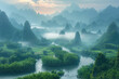 In the spring of Guangxi, there is an endless river with undulating mountains in the distance and fog floating on top. Created with Ai