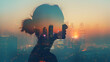 Double exposure of woman silhouette and modern city skyline, Generative Ai