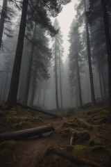 Poster - A forest with foggy weather and trees with moss growing on them