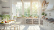 white kitchen in a luxurious modern farmhouse, sunlight shining through a large window, fruit and sandwiches on the tables
