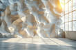 A large wall of abstract white polygonal shapes with sunlight shining through the windows, creating an atmosphere of light and space in a bright room. Created with Ai