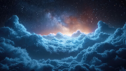 Wall Mural - Realistic shot of a stunning view from the sky above clouds with bright stars and sun rays shining through dark blue, golden lighting illuminating clouds. Created with Ai