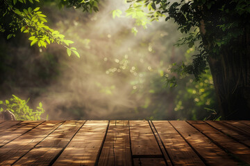 Poster - Wooden terrace floor in the garden. Blurred trees in the back. Background image. Created with Generative AI technology.