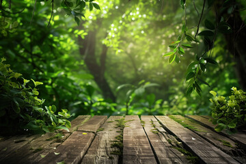 Poster - Wooden terrace floor in the forest. Blurred trees in the back. Background image. Created with Generative AI technology.