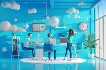 3d rendering. cute character web agency office  people working