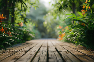 Poster - Wooden terrace floor in the garden. Blurred trees in the back. Background image. Created with Generative AI technology.