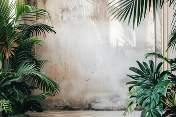 Poster - Palm trees in a room framing a Background with space in the middle. Created with Generative AI technology.
