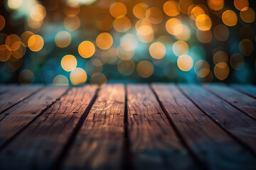 Poster - Wooden table with blurred lights and bokeh. Background image. Created with Generative AI technology.