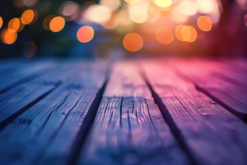 Poster - Wooden table with blurred lights and bokeh. Background image. Created with Generative AI technology.