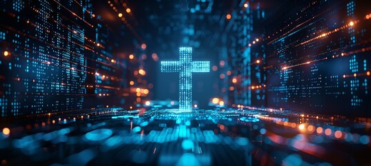 Fototapete - Digital blue Jesus Cross symbol. Christian religion concept. Generative AI technology.