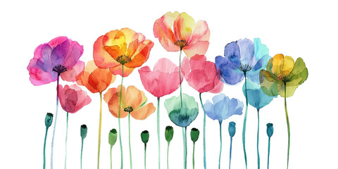 Wall Mural - Watercolor illustration of colorful poppies on a white background