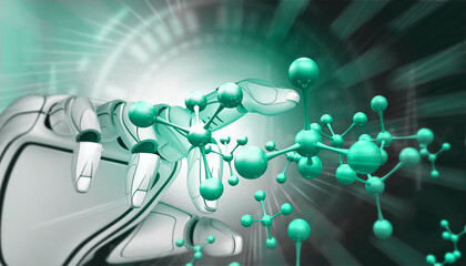 Poster - AI robotic hand touching on atoms,  molecules. 3d illustration.