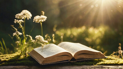 Wall Mural - Old book lying on green grass with green blurred forest in background. Open book with flowers and plant seedling