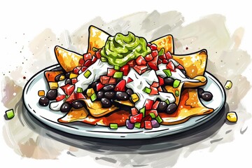 Enjoy a delicious plate of loaded nachos topped with fresh guacamole and flavorful black olives.