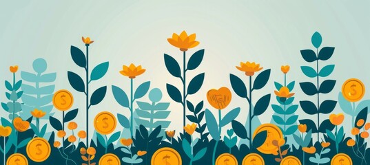 Poster - Gold coin flower plant. Business finance investment and money interest concept. Generative AI technology.